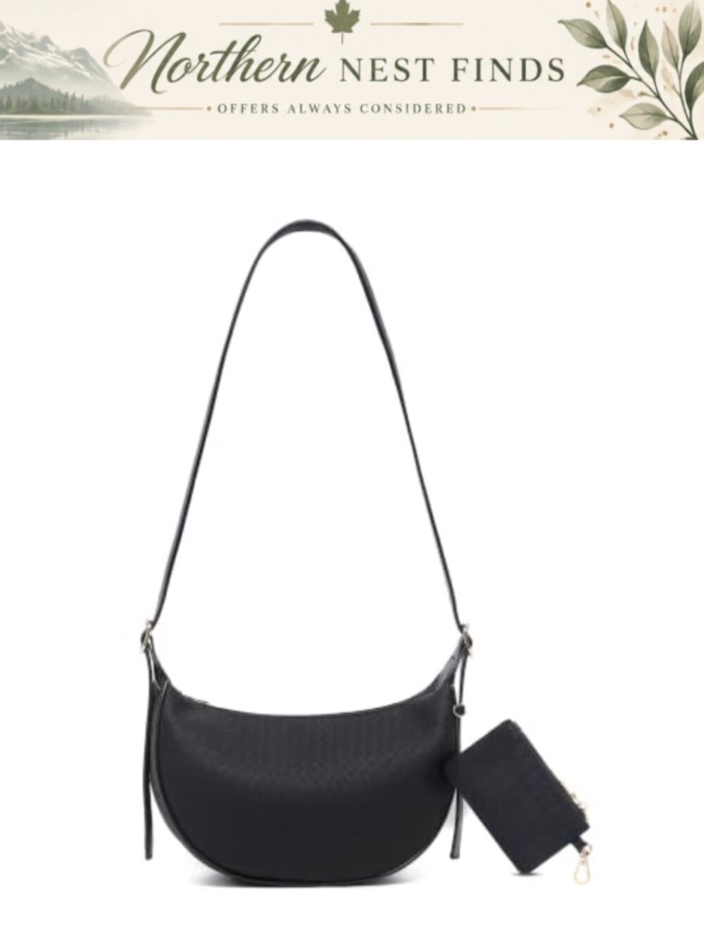 Woven Vegan Leather Crescent Shoulder Bag with Detachable Mini Bag